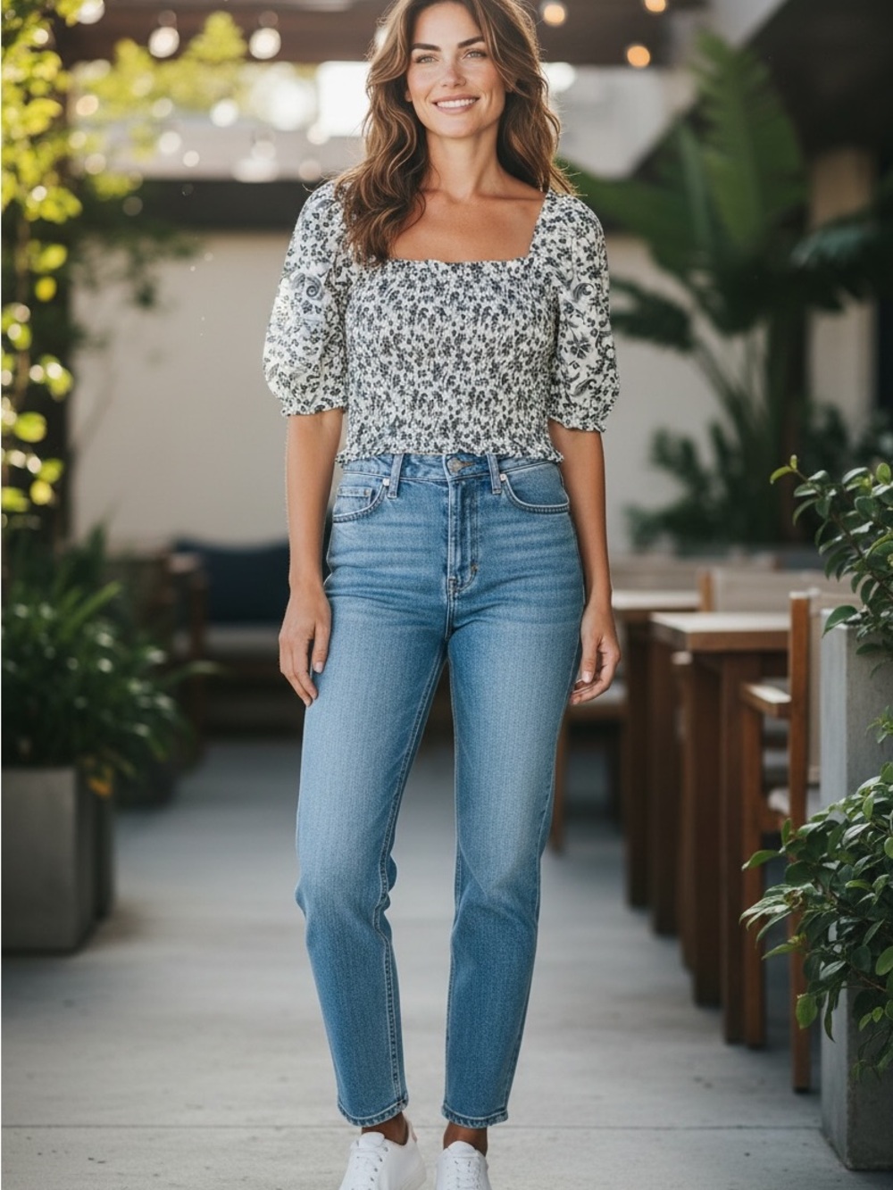 Na-Kd Smocked Puff Sleeve Floral Crop Top - White/Black size 40